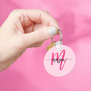 Hot Pink Modern Script Girly Monogram Name Key Ring
