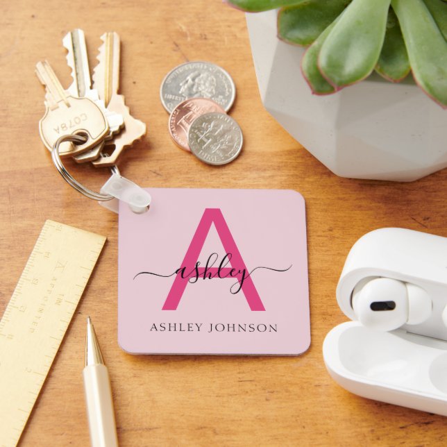Hot Pink Modern Script Girly Monogram Name Key Ring (Desk)
