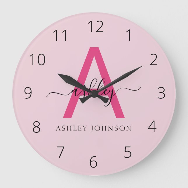 Hot Pink Modern Script Girly Monogram Name Large Clock (Front)