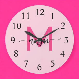 Hot Pink Modern Script Girly Monogram Name  Large Clock