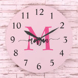 Hot Pink Modern Script Girly Monogram Name  Large Clock<br><div class="desc">Make a bold statement in your space with our Hot Pink Modern Script Girly Monogram Name Large Clock! Featuring a vibrant hot pink design and personalised with your name in an elegant modern script, this clock adds a stylish and personal touch to any room. Perfect for bedrooms, offices, or living...</div>