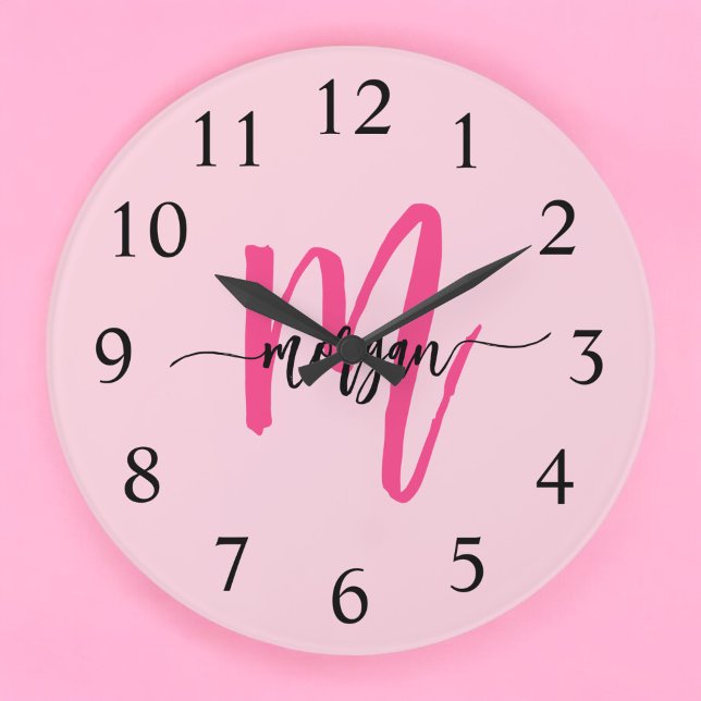 Hot Pink Modern Script Girly Monogram Name  Large Clock (Creator Uploaded)