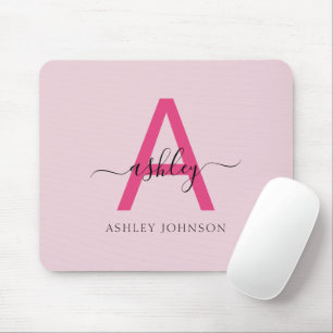 Hot Pink Modern Script Girly Monogram Name Mouse Pad