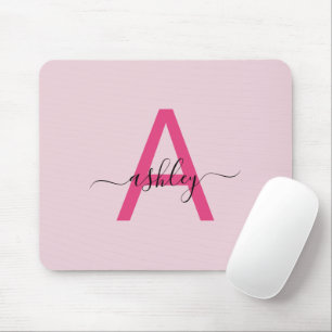Hot Pink Modern Script Girly Monogram Name Mouse Pad
