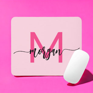Hot Pink Modern Script Girly Monogram Name Mouse Pad