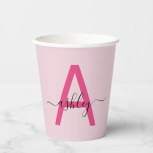 Hot Pink Modern Script Girly Monogram Name Paper Cups