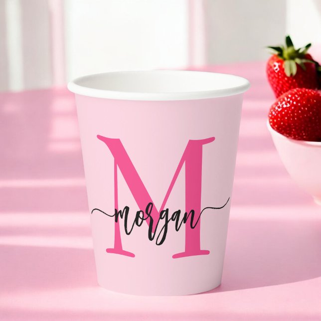 Hot Pink Modern Script Girly Monogram Name Paper Cups (Creator Uploaded)