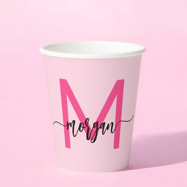 Hot Pink Modern Script Girly Monogram Name Paper Cups (Creator Uploaded)