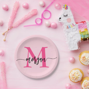 Hot Pink Modern Script Girly Monogram Name Paper Plate