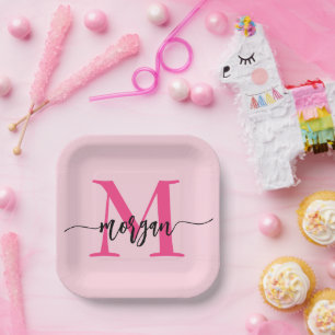 Hot Pink Modern Script Girly Monogram Name Paper Plate
