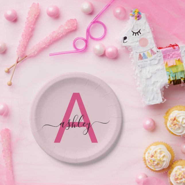 Hot Pink Modern Script Girly Monogram Name Paper Plate (Party)