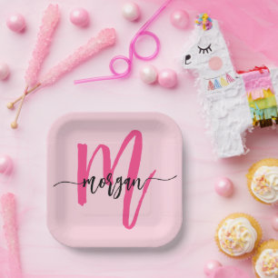 Hot Pink Modern Script Girly Monogram Name Paper Plate