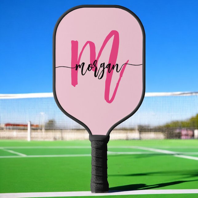 Hot Pink Modern Script Girly Monogram Name Pickleball Paddle (Creator Uploaded)