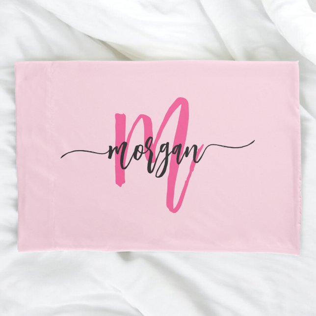 Hot Pink Modern Script Girly Monogram Name Pillowcase (Creator Uploaded)