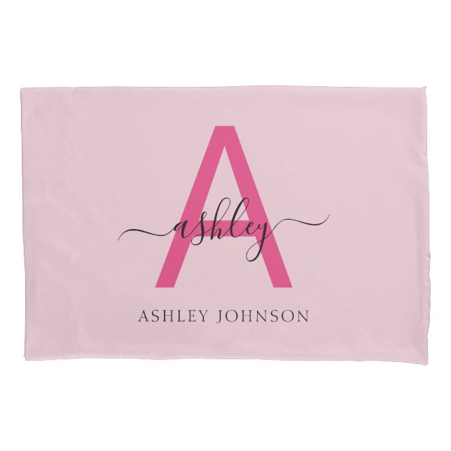Hot Pink Modern Script Girly Monogram Name Pillowcase (Front)