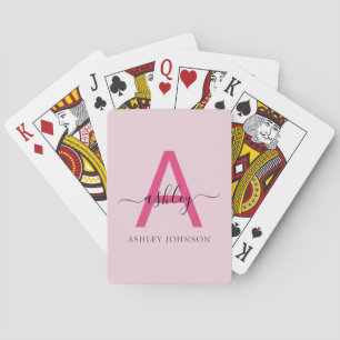 Hot Pink Modern Script Girly Monogram Name Playing Cards
