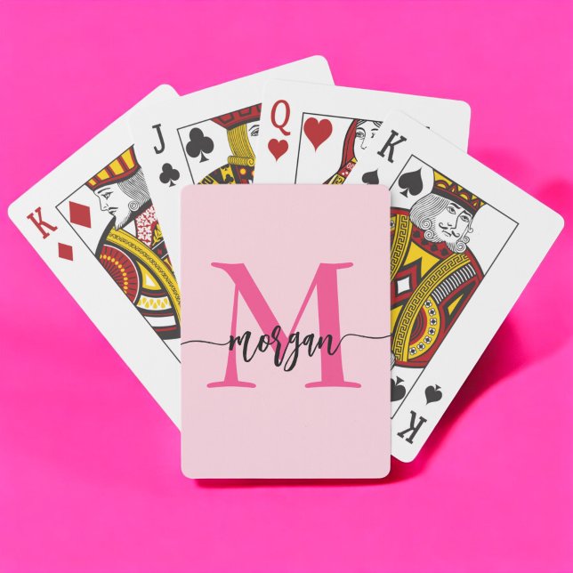 Hot Pink Modern Script Girly Monogram Name Playing Cards (Creator Uploaded)