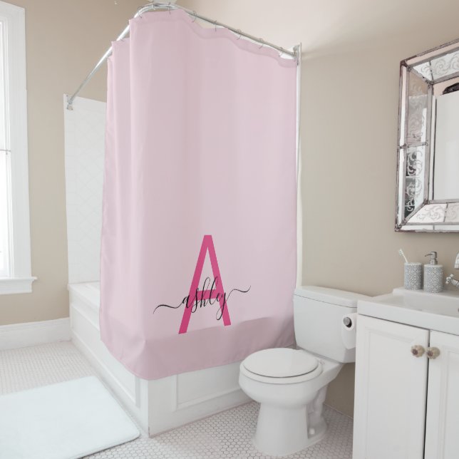 Hot Pink Modern Script Girly Monogram Name Shower Curtain (In Situ)