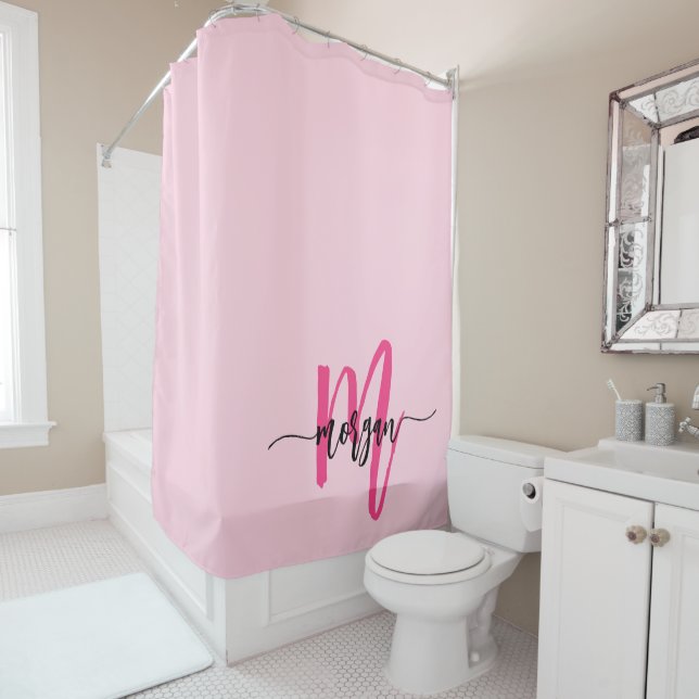 Hot Pink Modern Script Girly Monogram Name Shower Curtain (In Situ)