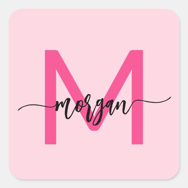 Hot Pink Modern Script Girly Monogram Name Square Sticker (Front)