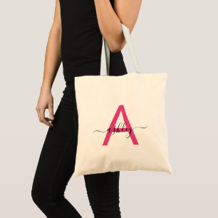 Hot Pink Modern Script Girly Monogram Name Tote Bag