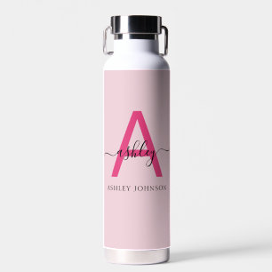 Hot Pink Modern Script Girly Monogram Name Water Bottle