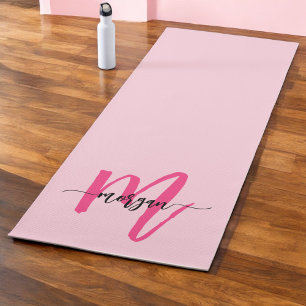 Hot Pink Modern Script Girly Monogram Name Yoga Mat