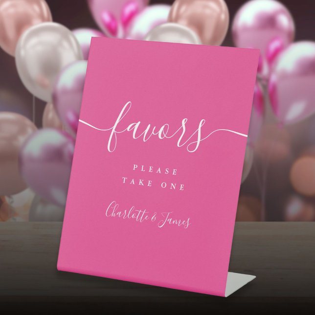 Hot Pink Modern Script Wedding Favours Table Pedestal Sign (Hot Pink Modern Script Wedding Favors Table Pedestal Sign)