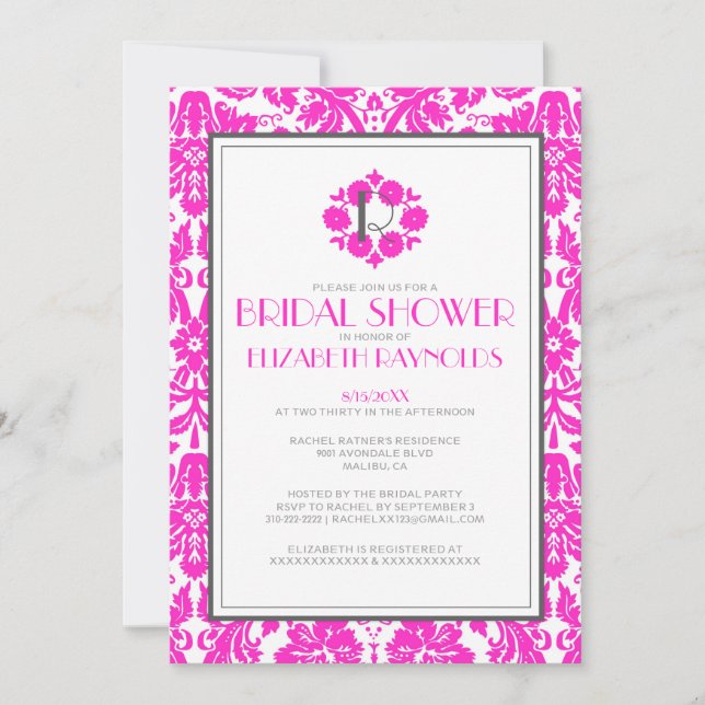 Hot Pink Monogram Damask Bridal Shower Invitations (Front)