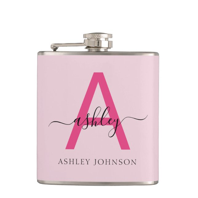 Hot Pink Monogram Girl's Bachelorette Party Flask (Front)
