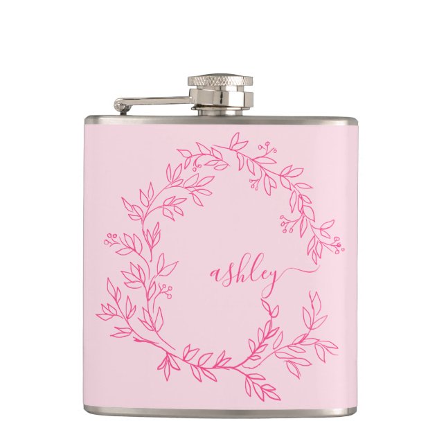 Hot Pink Monogram Girl's Bachelorette Party Hip Flask (Front)