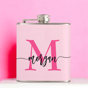 Hot Pink Monogram Girl's Bachelorette Party Hip Flask
