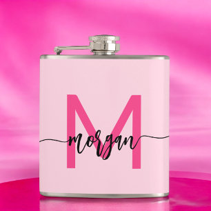 Hot Pink Monogram Girl's Bachelorette Party Hip Flask