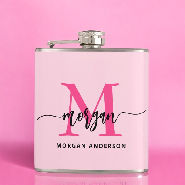 Hot Pink Monogram Girl's Bachelorette Party Hip Flask (Creator Uploaded)