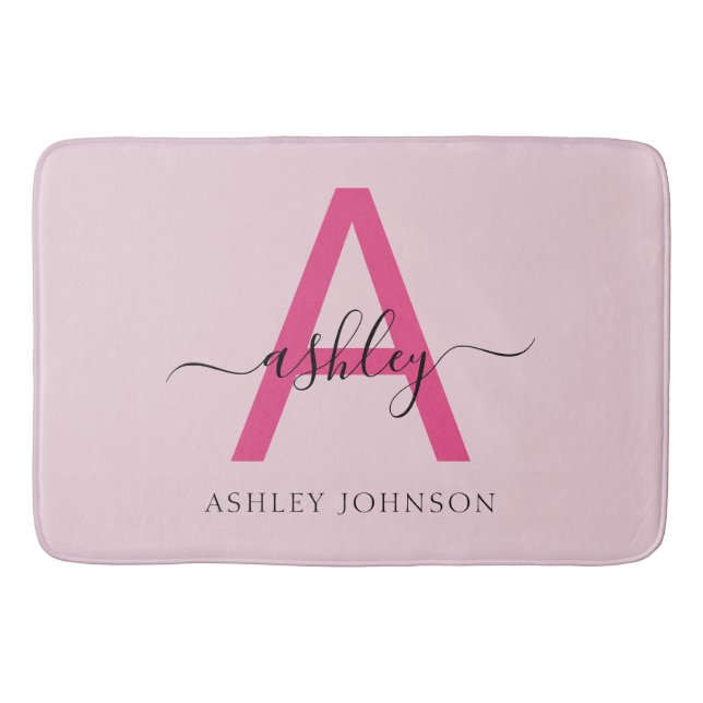 Hot Pink Monogram Girl's Dorm Room Bath Mat (Front)