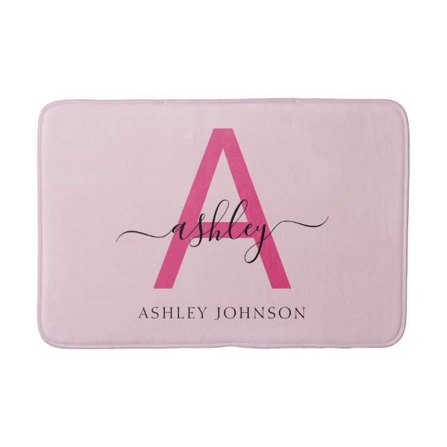 Hot Pink Monogram Girl's Dorm Room Bath Mat (Front)