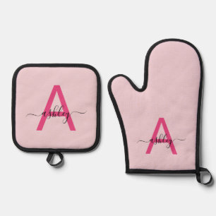 Hot Pink Monogram Girl's Kitchen Script Oven Mitt & Pot Holder Set