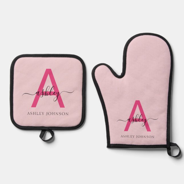 Hot Pink Monogram Girl's Kitchen Script Oven Mitt & Pot Holder Set (Front)
