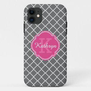 Hot Pink Monogram Grey Diamond Pattern Case-Mate iPhone Case