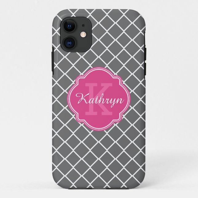 Hot Pink Monogram Grey Diamond Pattern Case-Mate iPhone Case (Back)