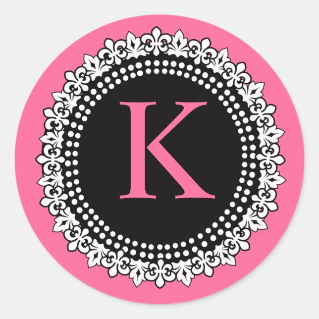 Hot Pink Monogram K Fleur de Lis Wedding Sticker (Front)