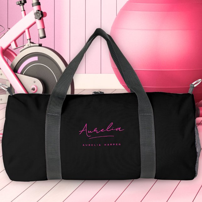 Hot Pink Monogram Modern Girl's Script Name Duffle Bag (Creator Uploaded)