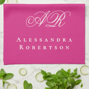  Hot Pink Monogram Name Minimalist Stylish Vibrant Tea Towel