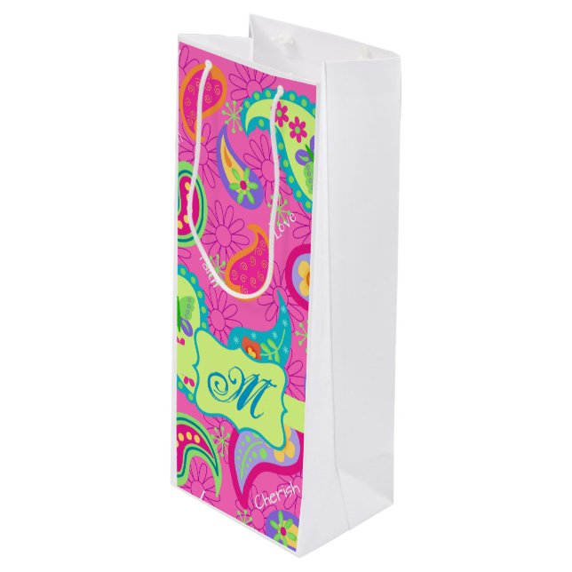 Hot Pink Monogram Personalised Modern Paisley Wine Gift Bag (Front Angled)