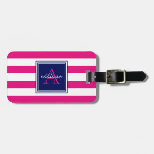Hot Pink Monogrammed Awning Stripe Luggage Tag