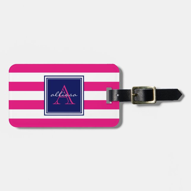 Hot Pink Monogrammed Awning Stripe Luggage Tag (Front Horizontal)