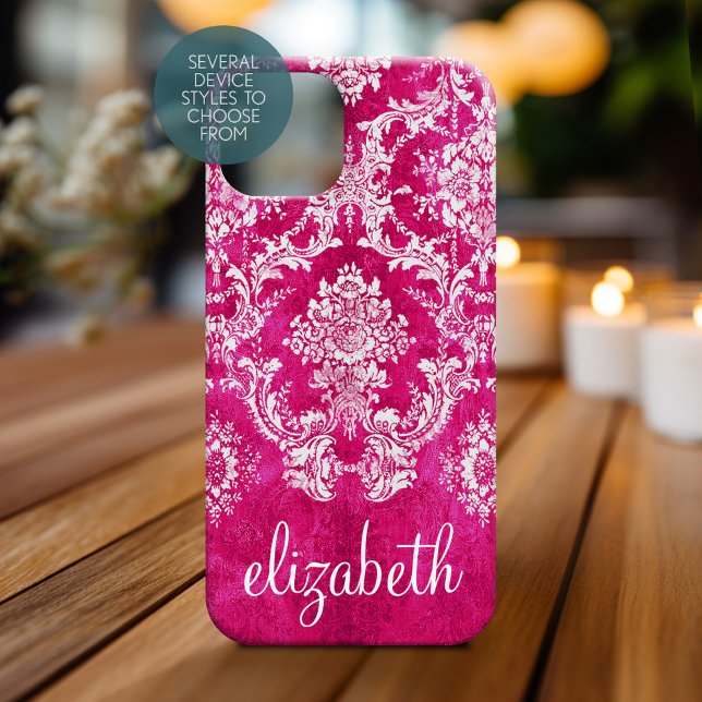 Hot Pink Moody Damask Pattern Custom Text Case-Mate iPhone Case (Personalized Phone Case - Shabby Chic Vintage Damask Pattern with Custom Name)