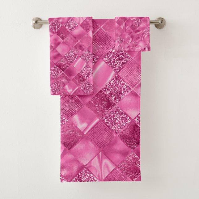 Hot Pink Multi-Texture Square Weave Pattern Bath Towel Set (Insitu)