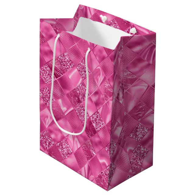 Hot Pink Multi-Texture Square Weave Pattern Medium Gift Bag (Front Angled)