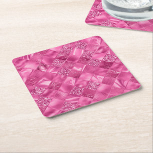 Hot Pink Multi-Texture Square Weave Pattern Paper Coaster